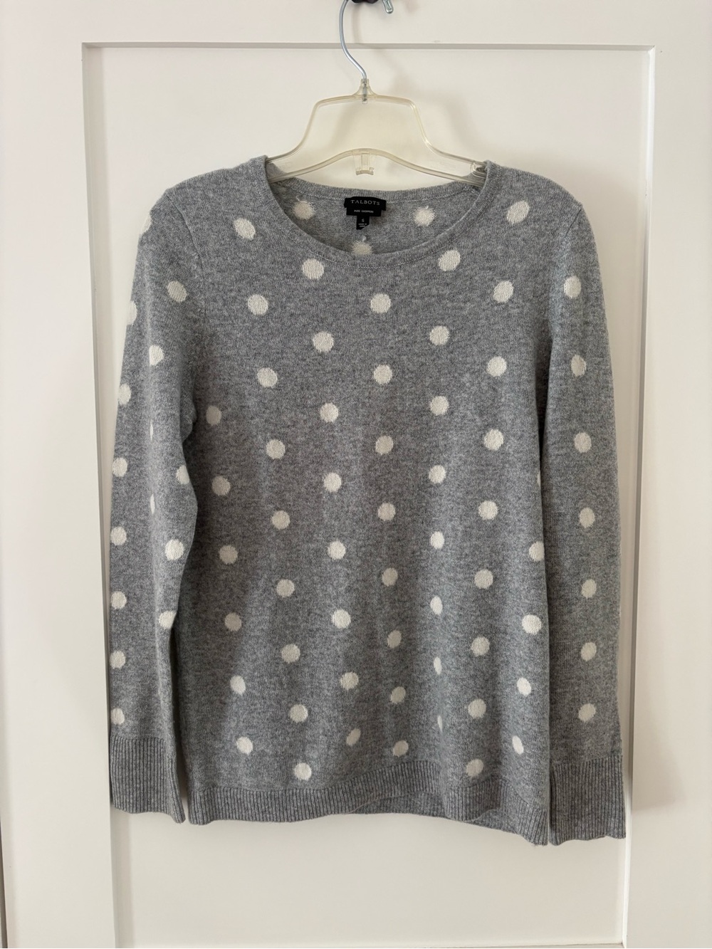 Talbots Cashmere Button Cuff Polka Dot Sweater Gray White sz small